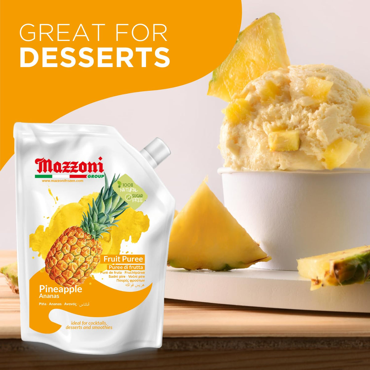 Mazzoni Pineapple Juice Puree – 100% Pineapple, No Sugar Added, 2.2 lb Pouch