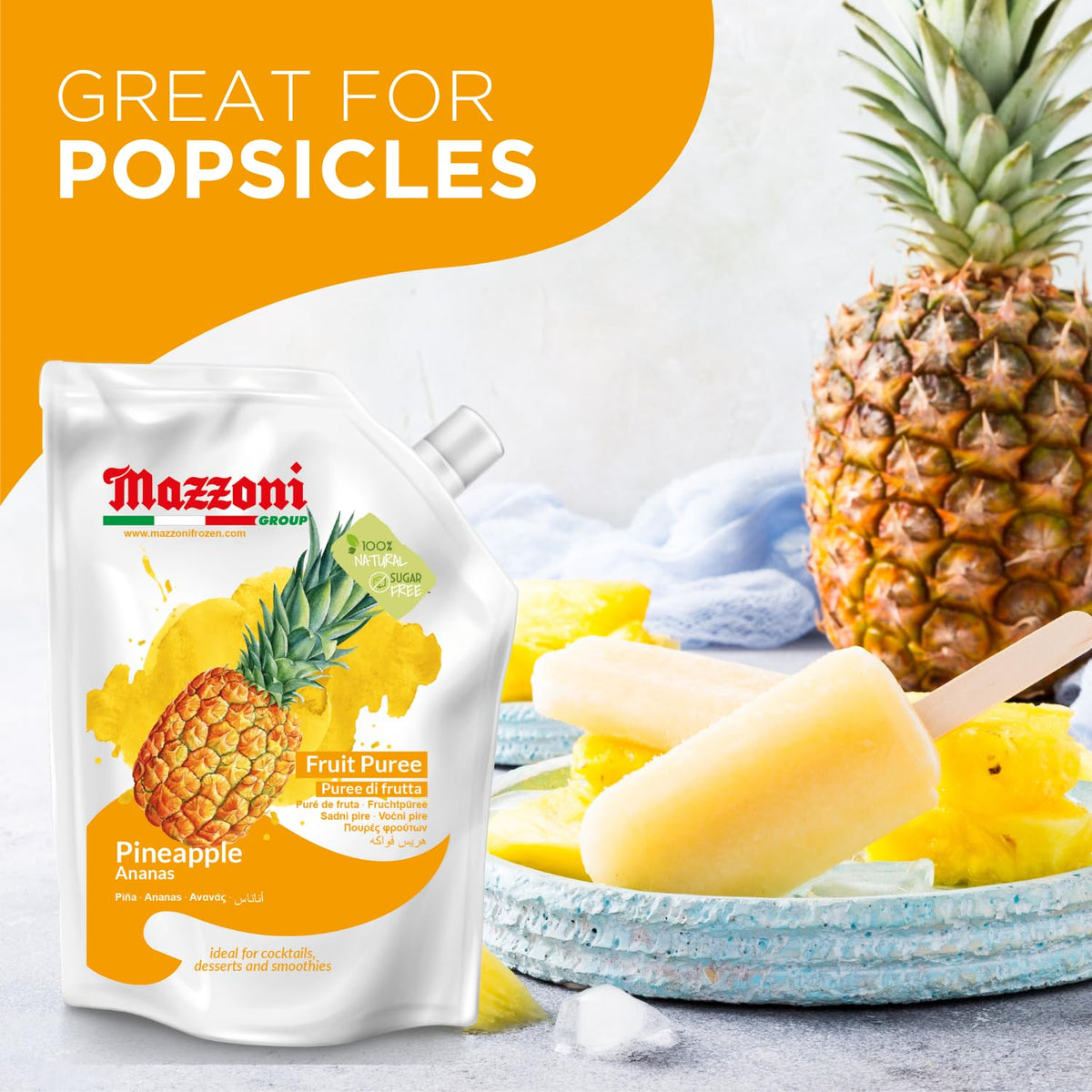 Mazzoni Pineapple Juice Puree – 100% Pineapple, No Sugar Added, 2.2 lb Pouch