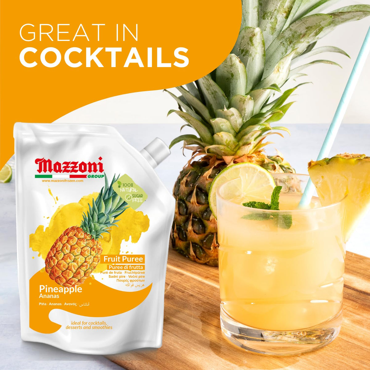 Mazzoni Pineapple Juice Puree – 100% Pineapple, No Sugar Added, 2.2 lb Pouch