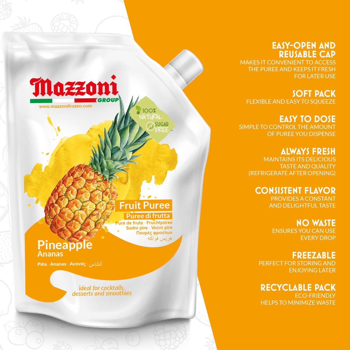 Mazzoni Pineapple Juice Puree – 100% Pineapple, No Sugar Added, 2.2 lb Pouch