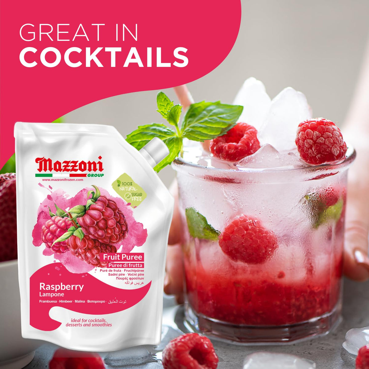 Mazzoni Raspberry Puree — 100% Raspberry, No Sugar Added, 2.2 lb Pouch | Made in Italy