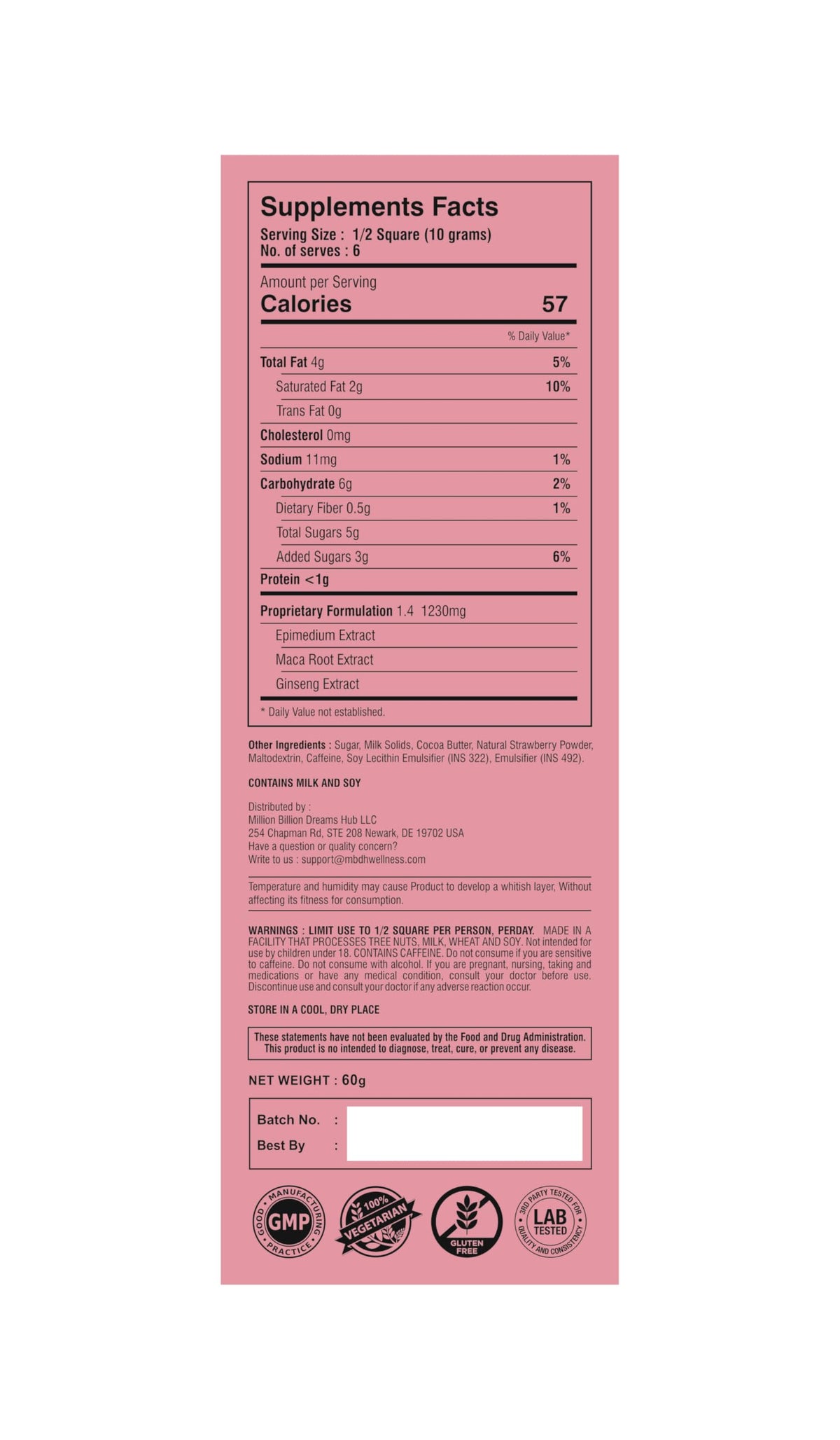 MBDH Wellness Ignite Strawberry Chocolate Squares – 60% Cocoa & Strawberry Fusion