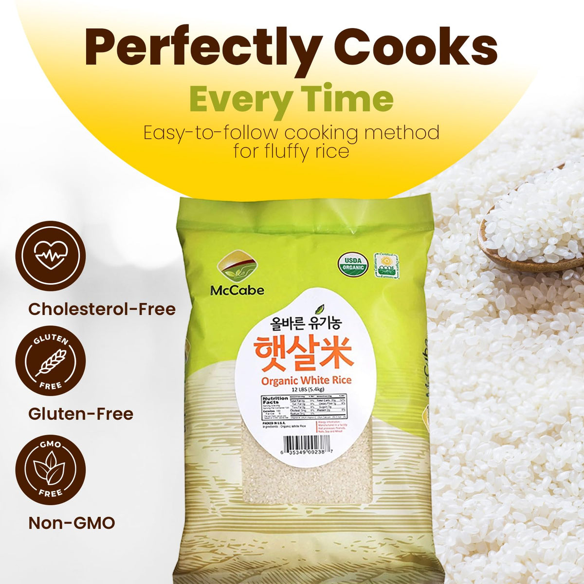 McCabe Organic White Rice – Korean White Rice | USDA & CCOF Certified | 12 Lbs USA