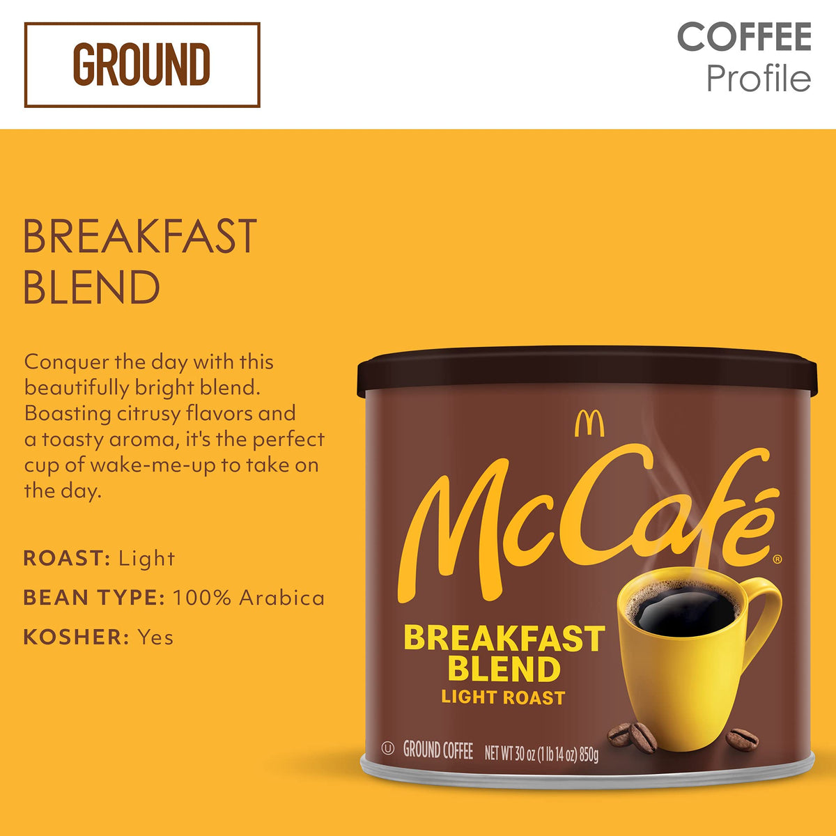McCafé Breakfast Blend Light Roast Ground Coffee – 30 oz Canister | 100% Arabica