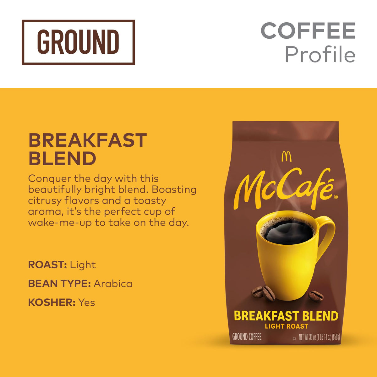 McCafé Breakfast Blend Ground Coffee – Light Roast with Citrus Notes, 30oz Bag | Kosher Certified, Responsibly Sourced