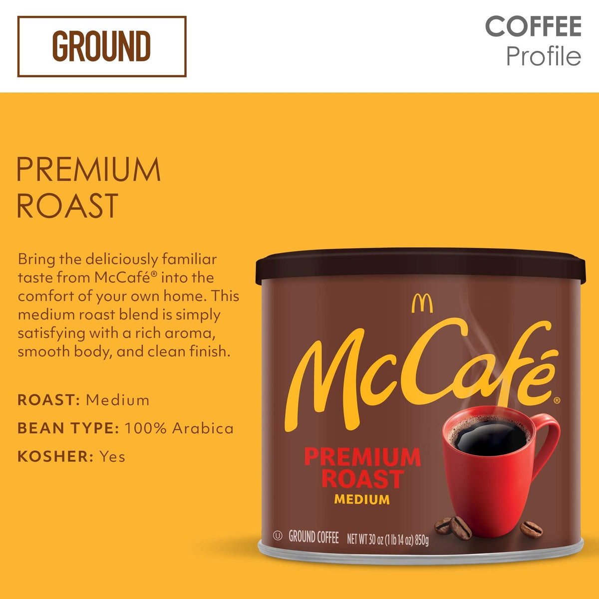 McCafé Premium Roast Ground Coffee – Medium Roast, 30 oz Canister