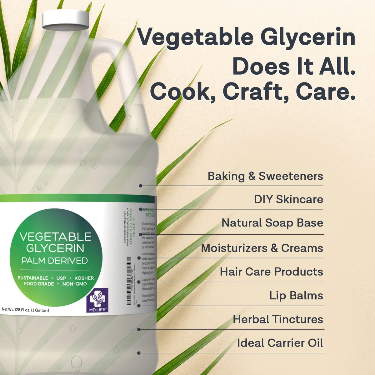 MD.LIFE Glycerin Liquid – 1 Gallon Food Grade USP for Skin, Hair & Soap
