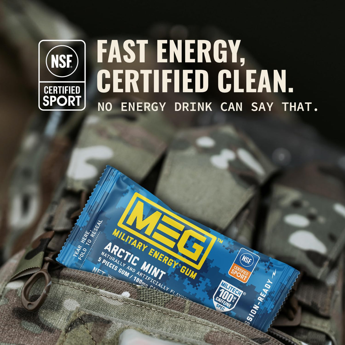 MEG Arctic Mint Military Energy Gum – 100mg Caffeine per Piece | NSF for Sport® | Pack of 18