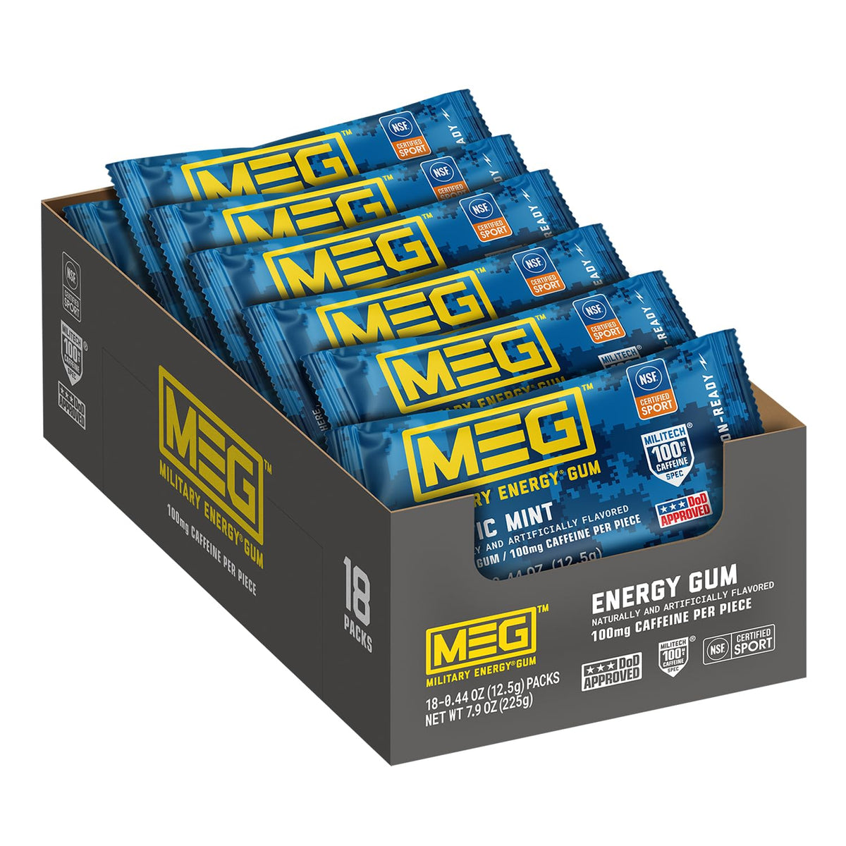 MEG Arctic Mint Military Energy Gum – 100mg Caffeine per Piece | NSF for Sport® | Pack of 18