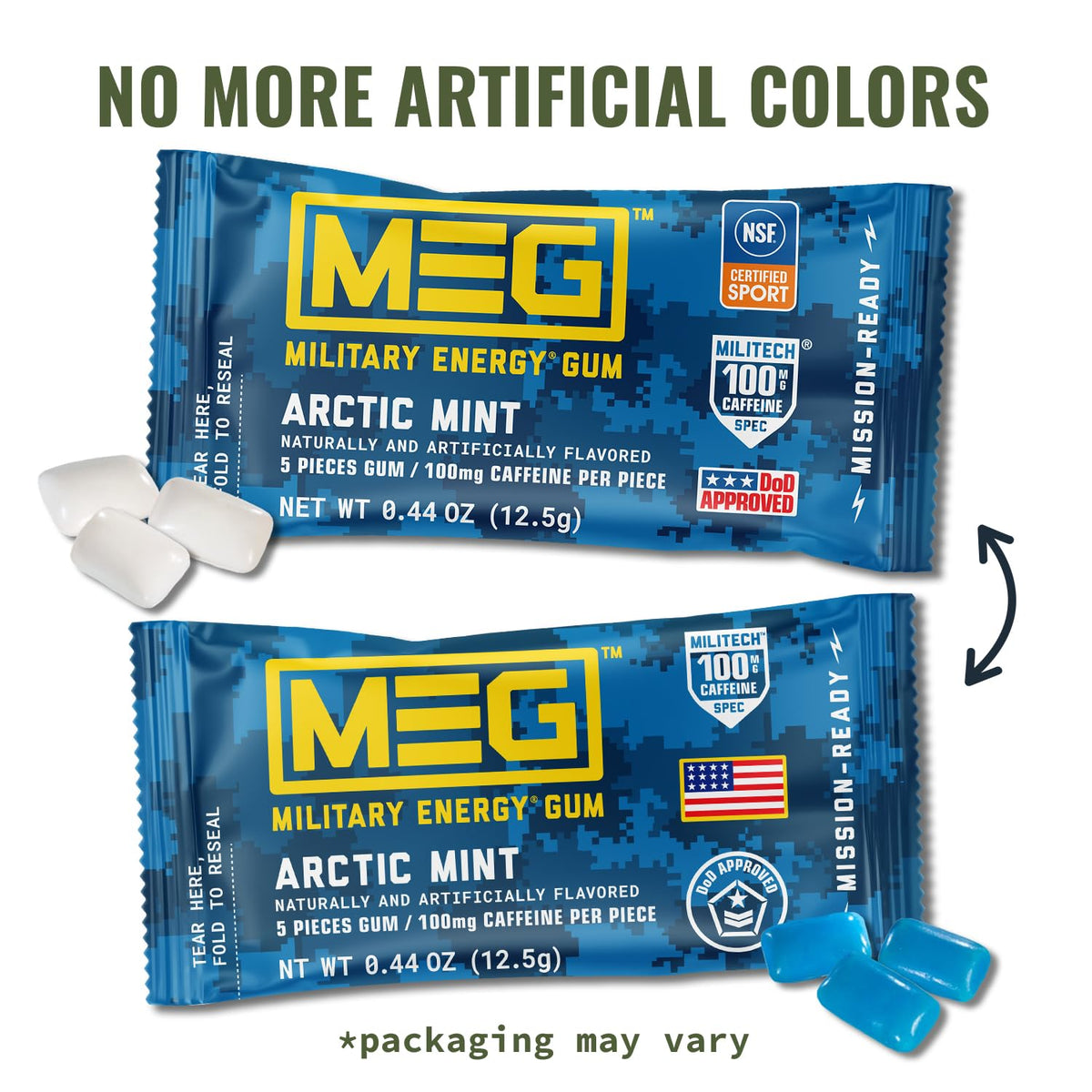 MEG Arctic Mint Military Energy Gum – 100mg Caffeine per Piece | NSF for Sport® | Pack of 18