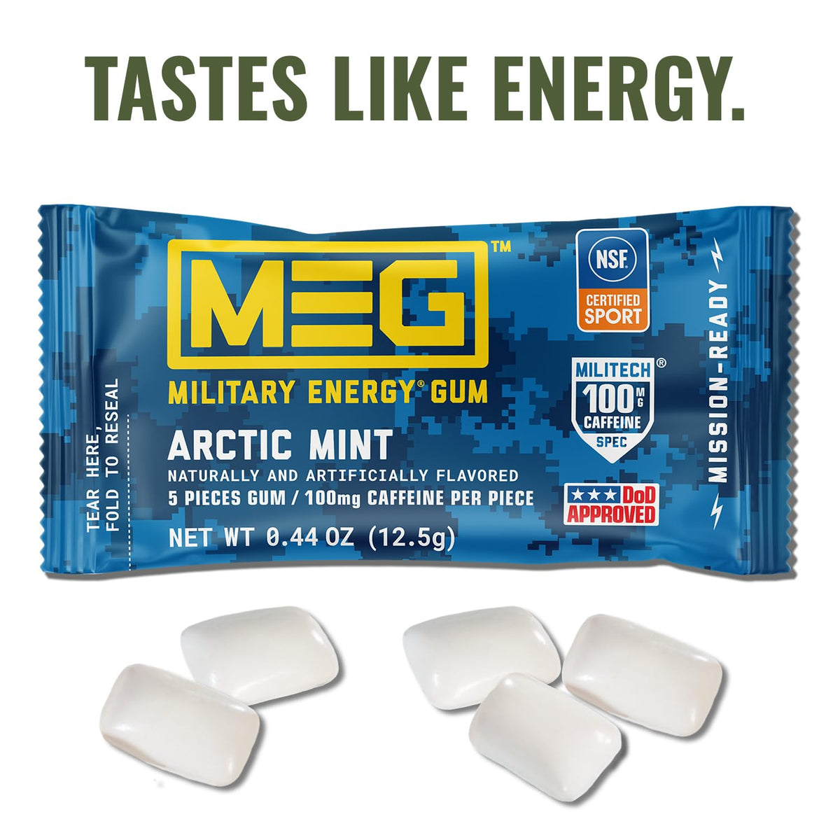 MEG Arctic Mint Military Energy Gum – 100mg Caffeine per Piece | NSF for Sport® | Pack of 18
