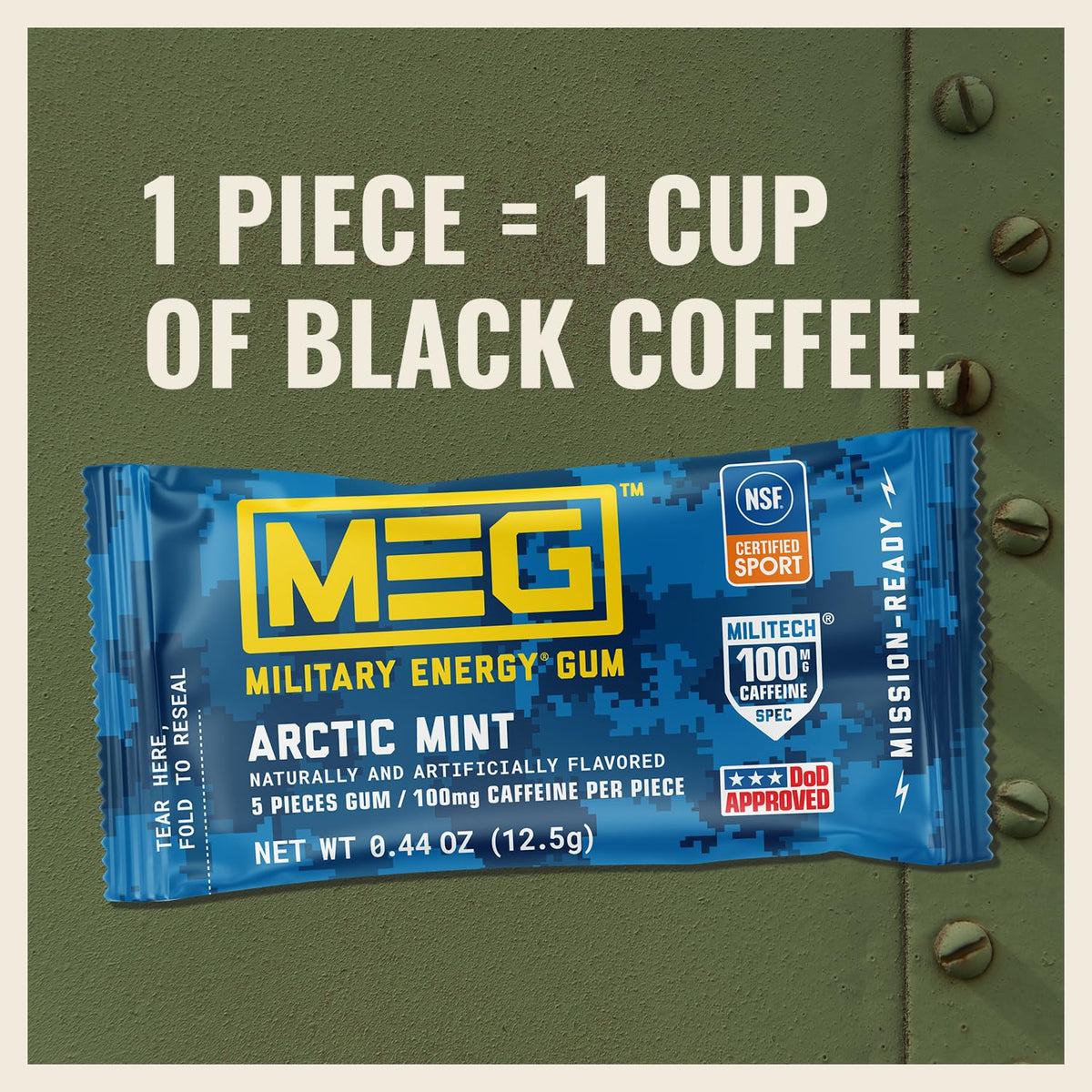 MEG Arctic Mint Military Energy Gum – 100mg Caffeine per Piece | NSF for Sport® | Pack of 18