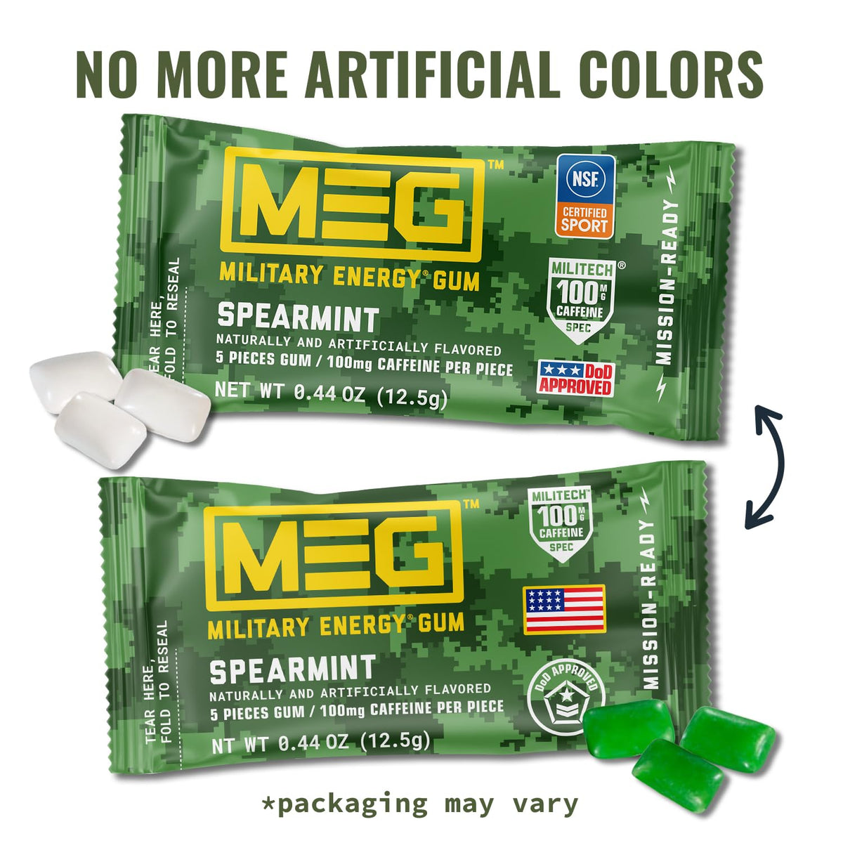 MEG Military Energy Gum Spearmint – 100 mg Caffeine per Piece | NSF for Sport Certified | Pack of 18