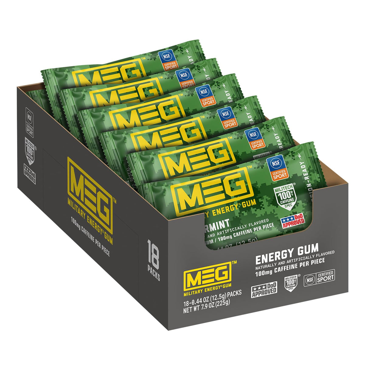 MEG Military Energy Gum Spearmint – 100 mg Caffeine per Piece | NSF for Sport Certified | Pack of 18