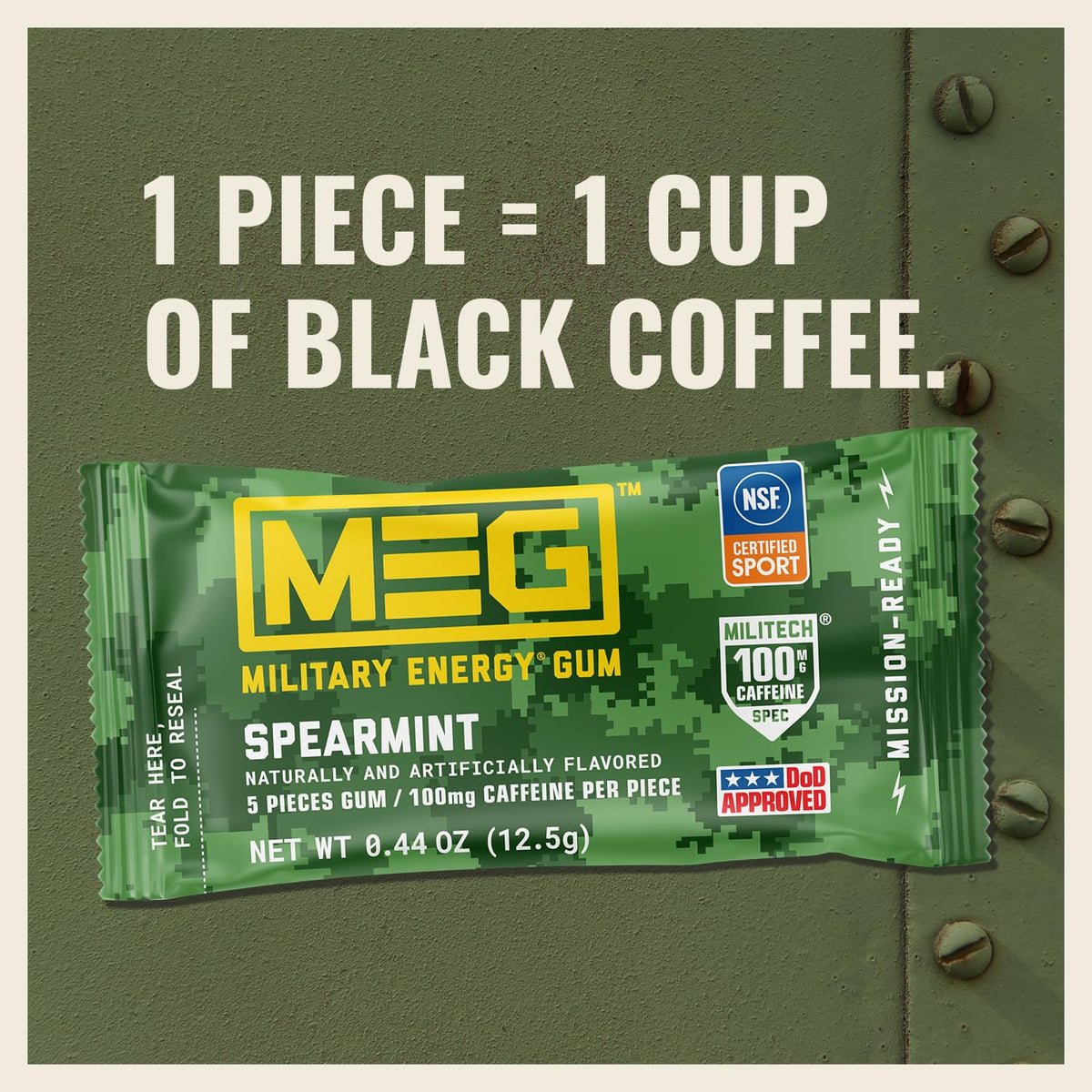 MEG Military Energy Gum Spearmint – 100 mg Caffeine per Piece | NSF for Sport Certified | Pack of 18
