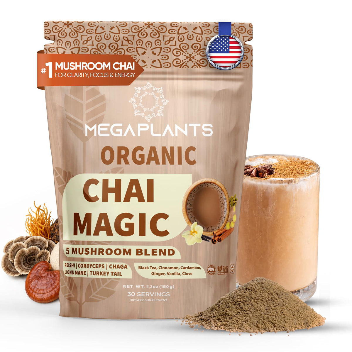 MegaPlants Adaptogenic Mushroom Chai Tea (30 Servings) | No Crash Energy & Focus with Lion’s Mane, Reishi, Cordyceps, Turkey Tail & Chaga