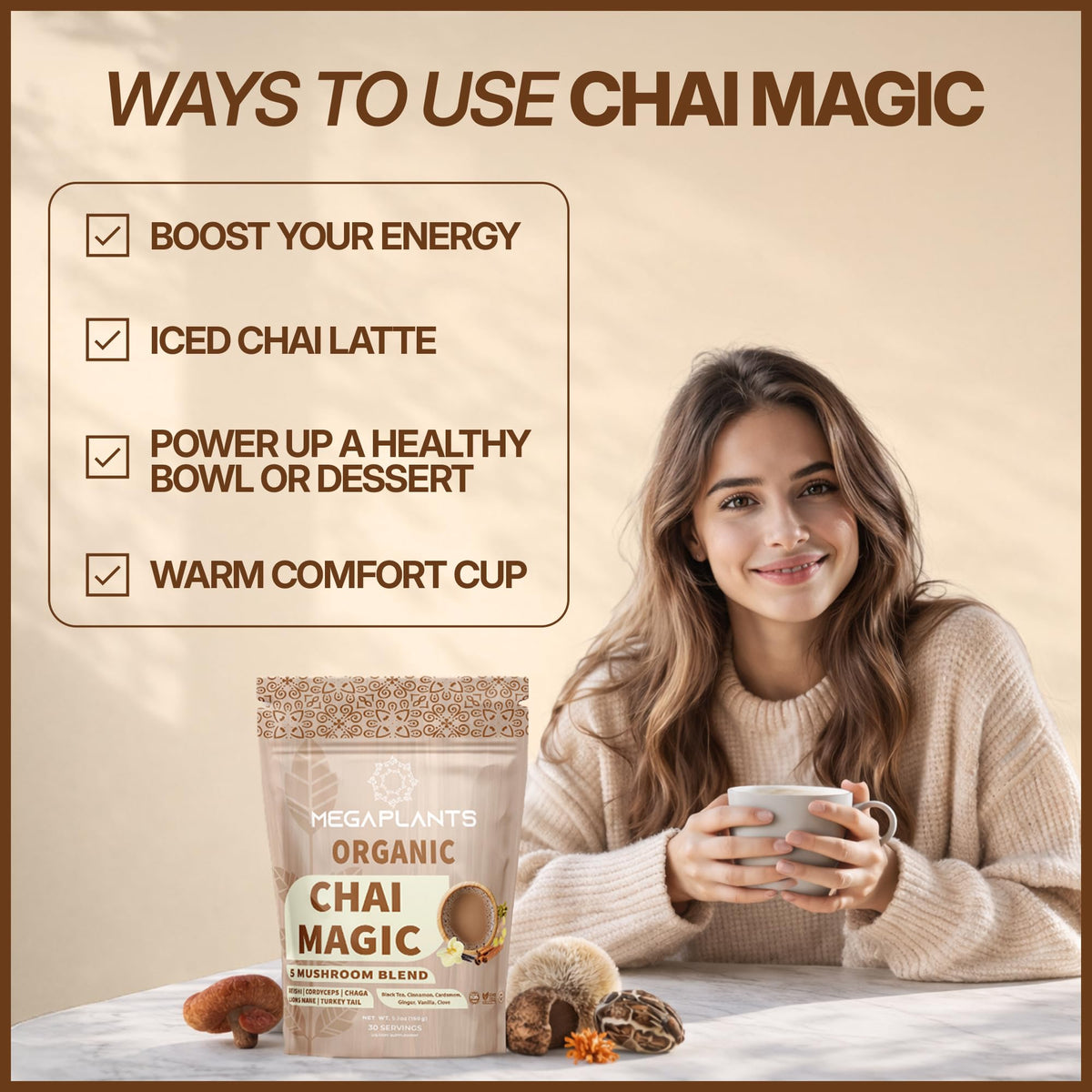 MegaPlants Adaptogenic Mushroom Chai Tea (30 Servings) | No Crash Energy & Focus with Lion’s Mane, Reishi, Cordyceps, Turkey Tail & Chaga