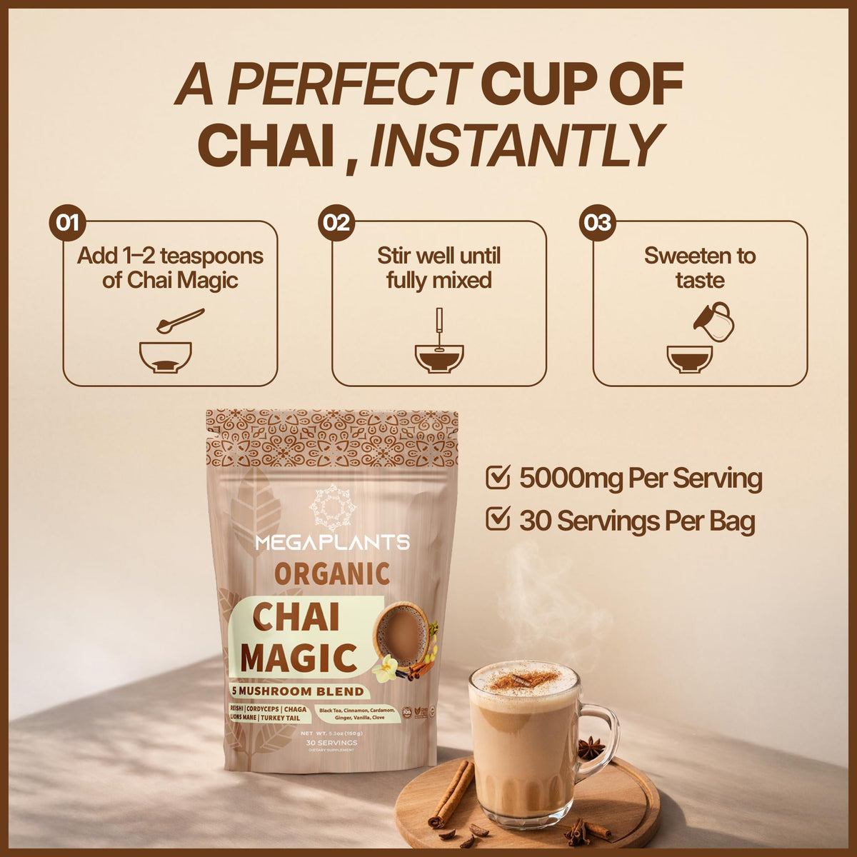 MegaPlants Adaptogenic Mushroom Chai Tea (30 Servings) | No Crash Energy & Focus with Lion’s Mane, Reishi, Cordyceps, Turkey Tail & Chaga