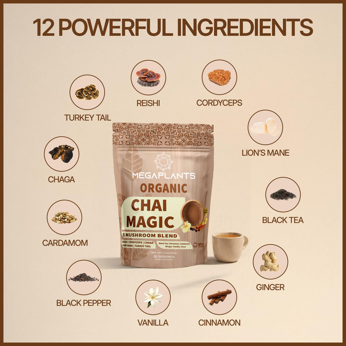 MegaPlants Adaptogenic Mushroom Chai Tea (30 Servings) | No Crash Energy & Focus with Lion’s Mane, Reishi, Cordyceps, Turkey Tail & Chaga