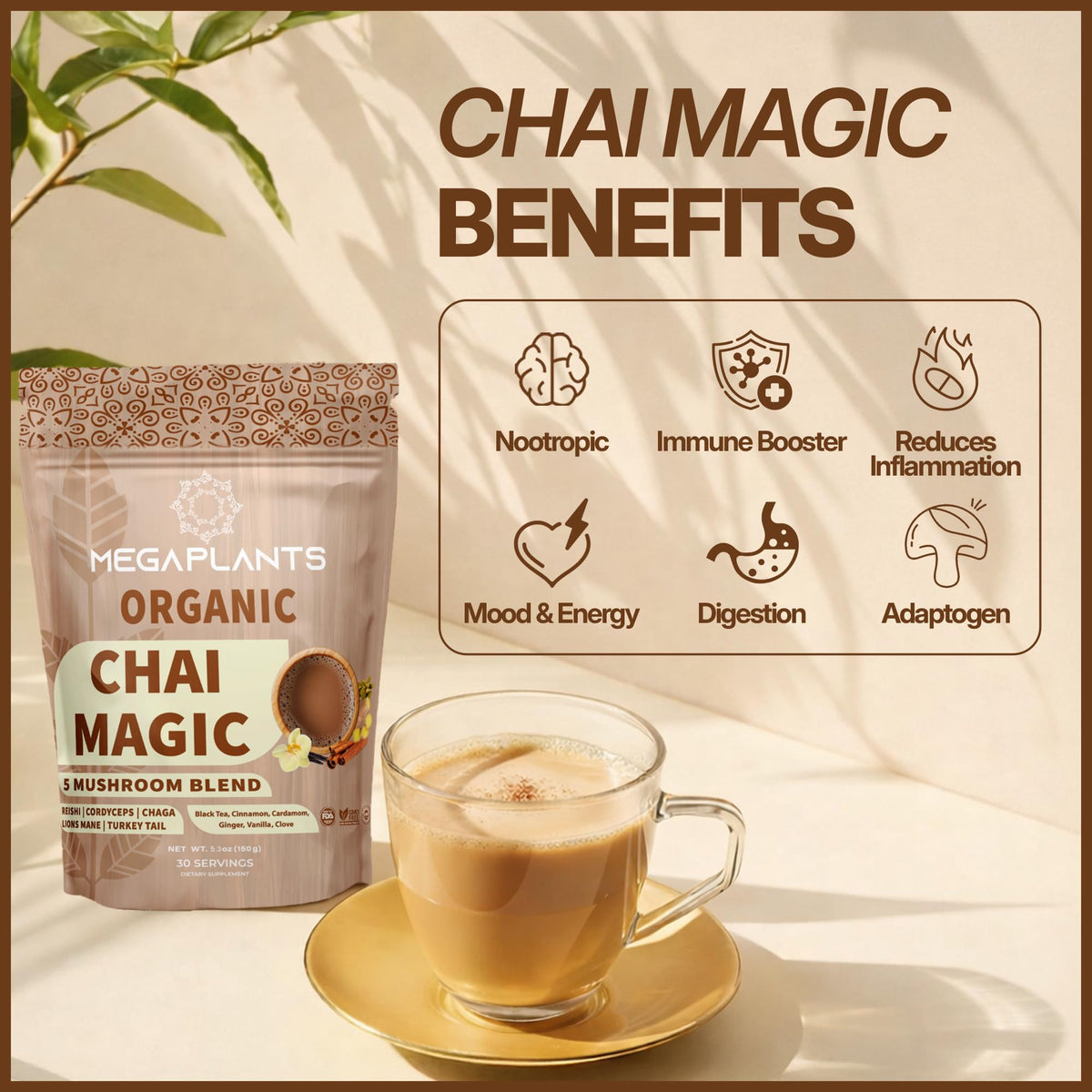 MegaPlants Adaptogenic Mushroom Chai Tea (30 Servings) | No Crash Energy & Focus with Lion’s Mane, Reishi, Cordyceps, Turkey Tail & Chaga
