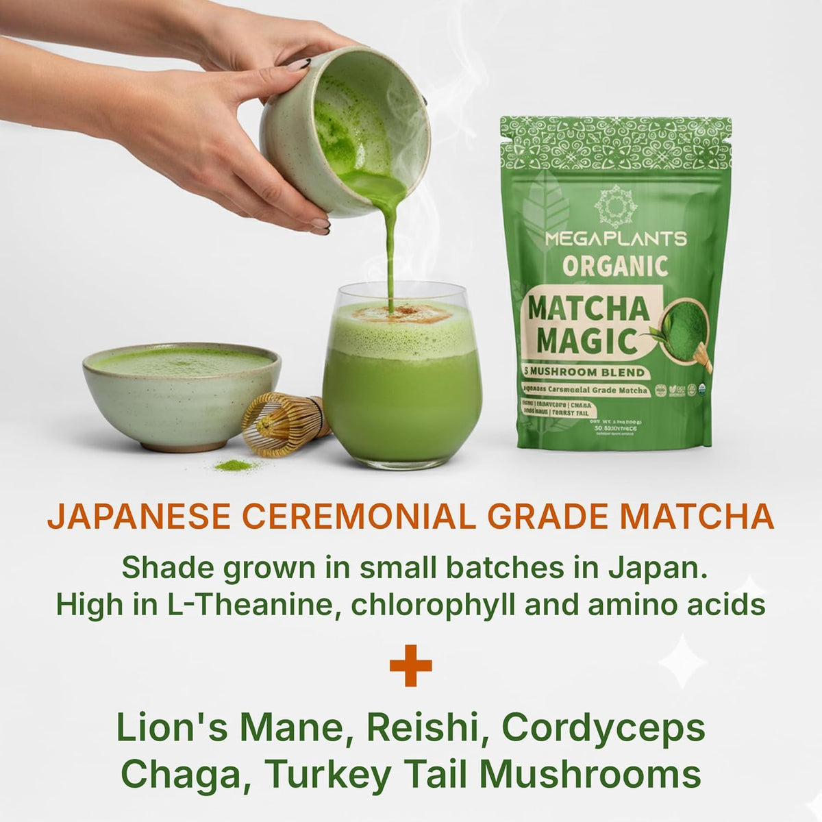 MEGAPLANTS Mushroom Matcha Magic (30 Servings) – Ceremonial Japanese Matcha with Adaptogenic Mushrooms | Clean Energy & Calm Focus – USA Made