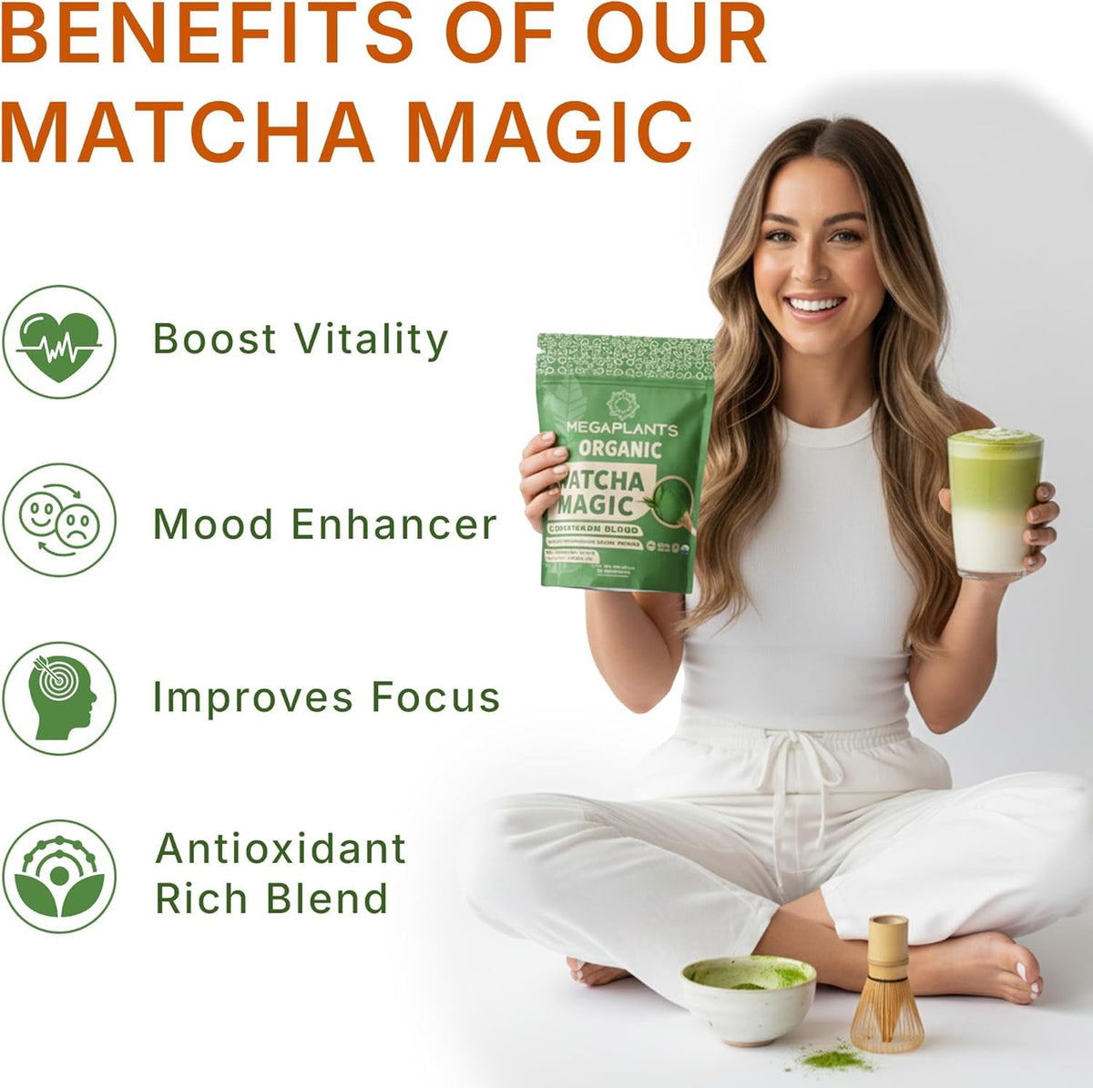 MEGAPLANTS Mushroom Matcha Magic (30 Servings) – Ceremonial Japanese Matcha with Adaptogenic Mushrooms | Clean Energy & Calm Focus – USA Made