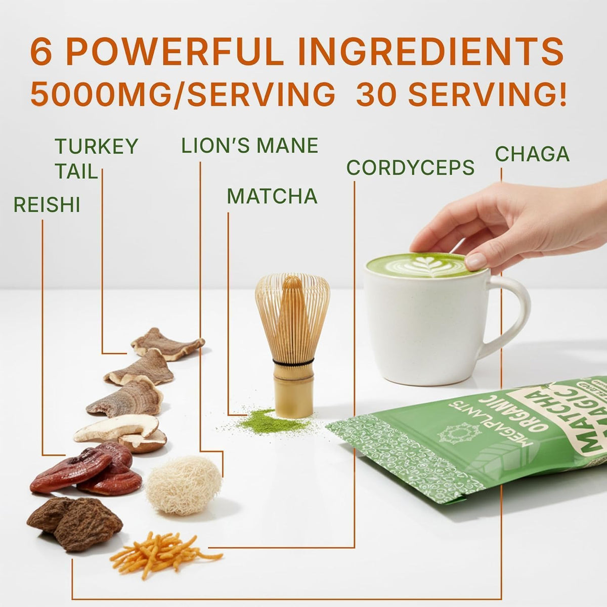 MEGAPLANTS Mushroom Matcha Magic (30 Servings) – Ceremonial Japanese Matcha with Adaptogenic Mushrooms | Clean Energy & Calm Focus – USA Made