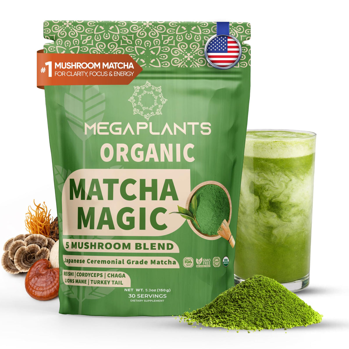 MEGAPLANTS Mushroom Matcha Magic (30 Servings) – Ceremonial Japanese Matcha with Adaptogenic Mushrooms | Clean Energy & Calm Focus – USA Made