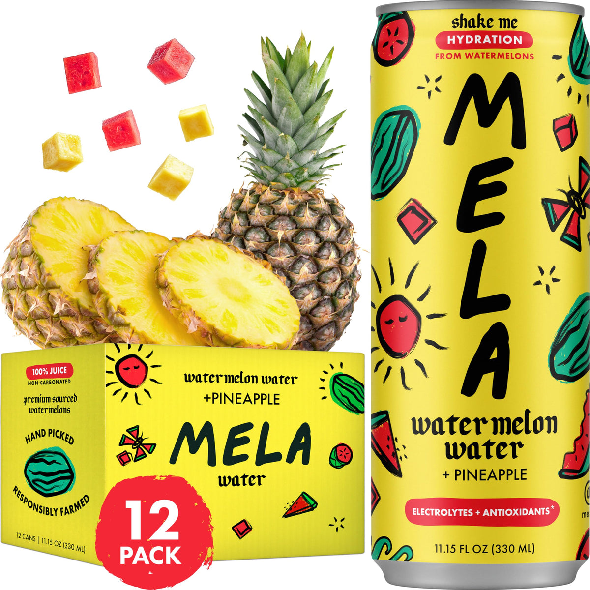 Mela Watermelon Water with Pineapple – 100% Natural Juice, Vitamin C & Electrolytes, Gluten-Free (11.15 fl oz, 12-pack)