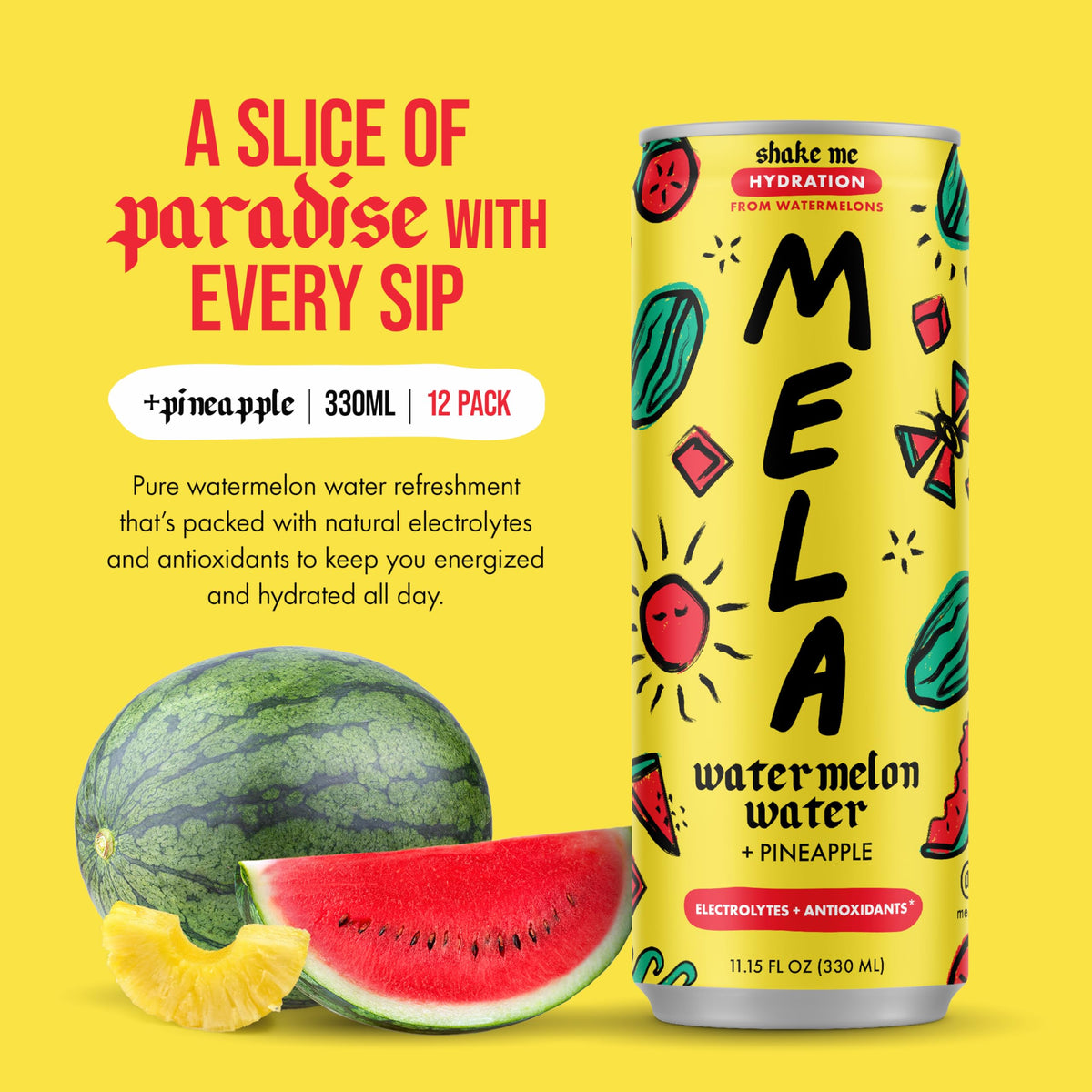 Mela Watermelon Water with Pineapple – 100% Natural Juice, Vitamin C & Electrolytes, Gluten-Free (11.15 fl oz, 12-pack)