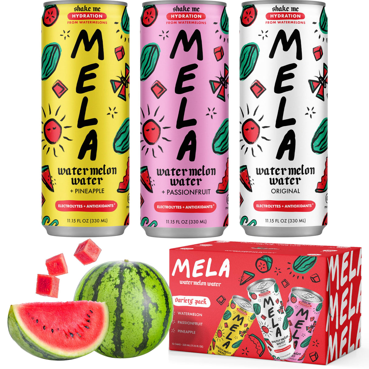 Mela Watermelon Water – 100% Natural Juice with Vitamin C & Electrolytes | Gluten-Free & Non-GMO | Variety Pack (12 x 11.15 fl oz)