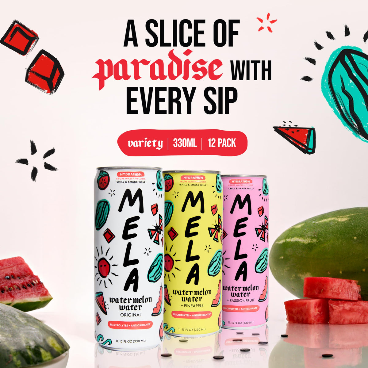 Mela Watermelon Water – 100% Natural Juice with Vitamin C & Electrolytes | Gluten-Free & Non-GMO | Variety Pack (12 x 11.15 fl oz)