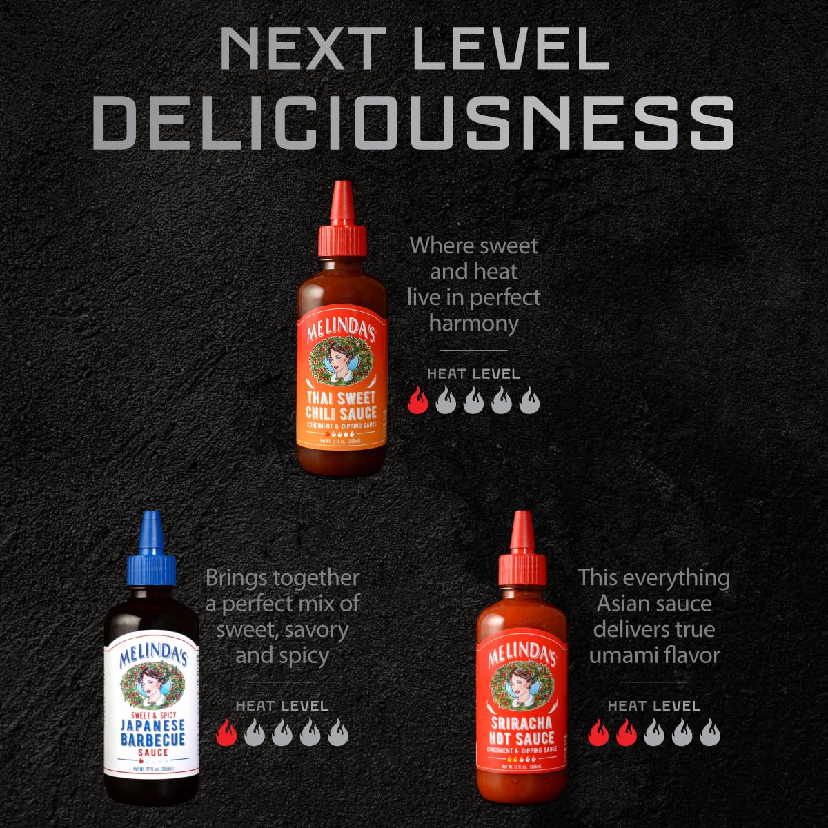 Melinda's Asian Trio Collection: Sriracha, Japanese BBQ & Thai Sweet Chili