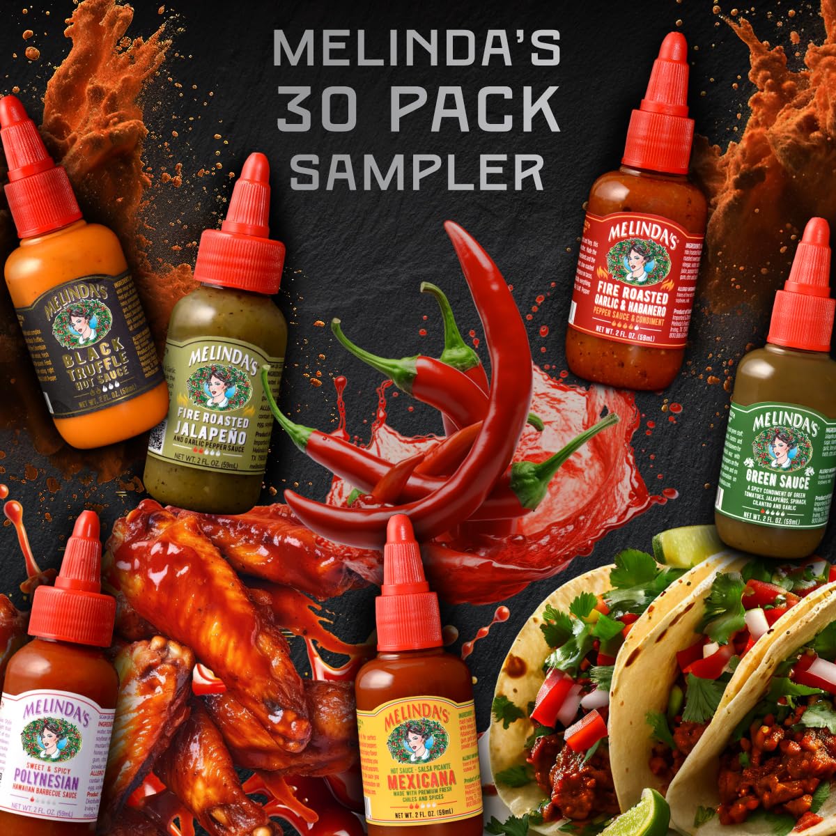 Melinda’s Mini Hot Sauce Variety Pack – 30 Travel-Size Bottles in 10+ Flavors