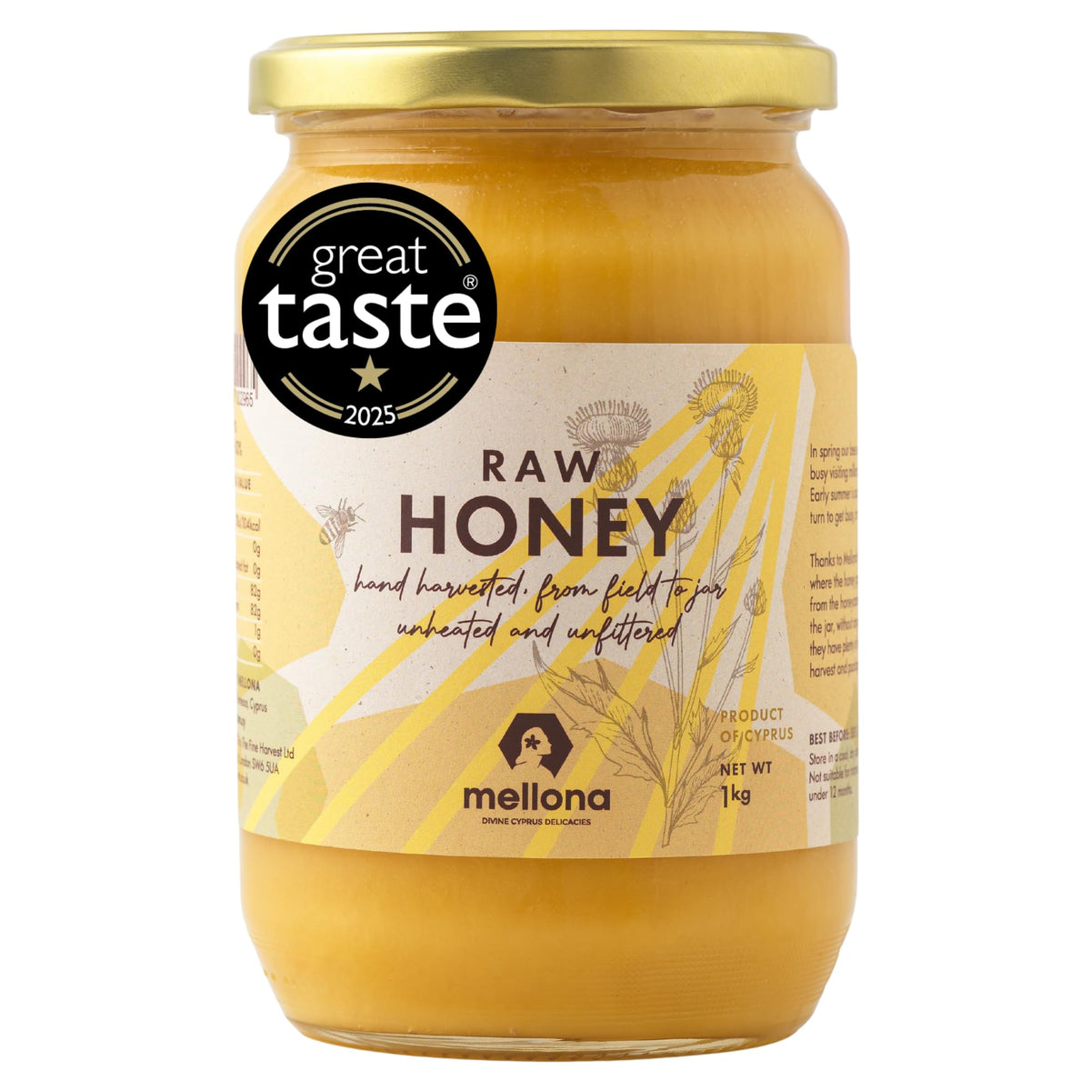Mellona 100% Raw Honey – 1kg Unfiltered Cyprus Creamy Golden Honey