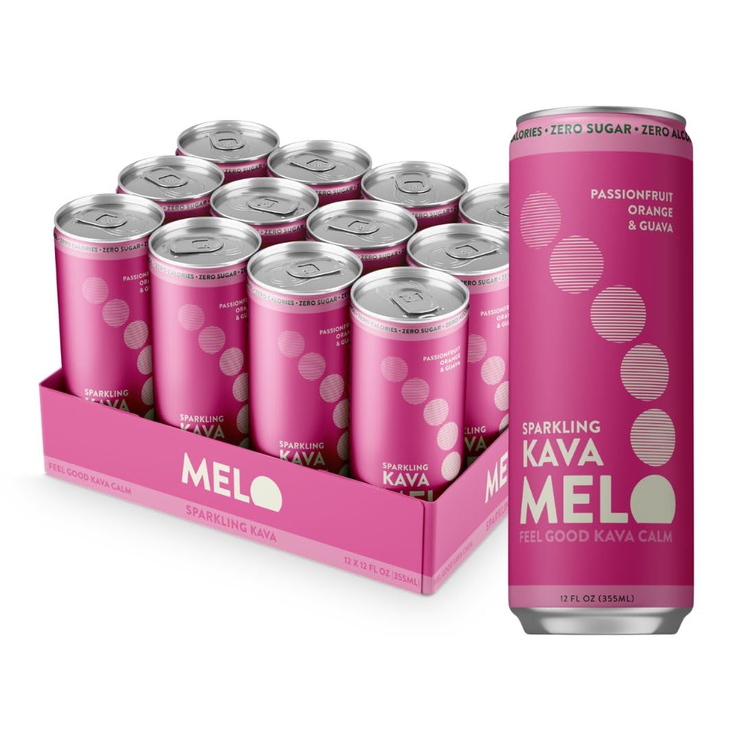 Melo Sparkling Kava Drink – Passionfruit Orange & Guava, Non-Alcoholic, Sugar Free, Zero-Calorie, 12 Pack, 12 oz Cans