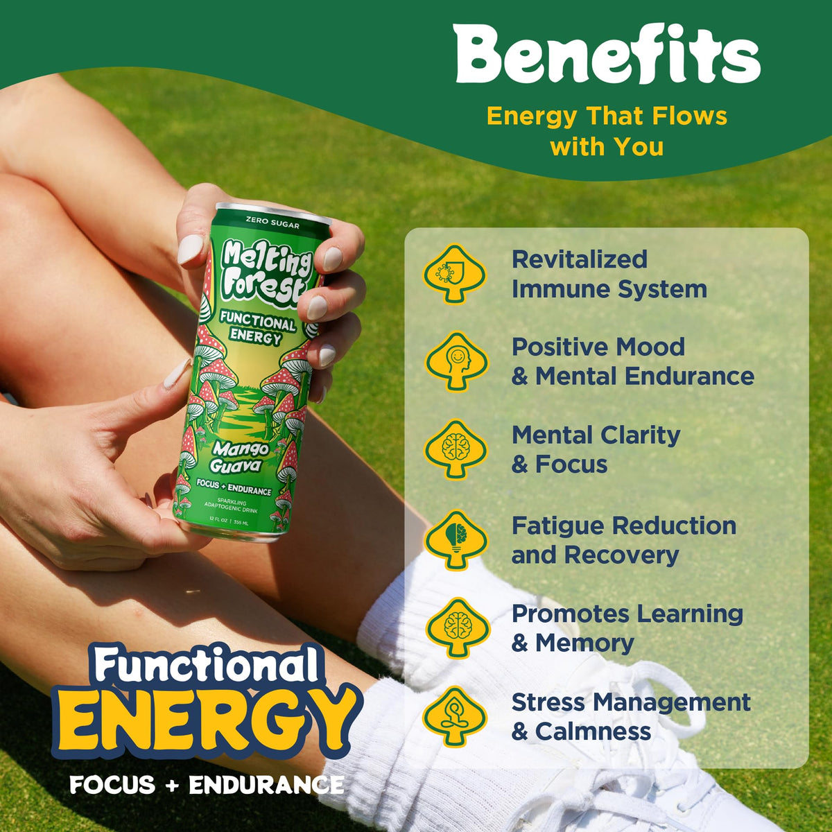 Melting Forest Mango Guava Mushroom Energy Drink – 150mg Caffeine + L-Theanine | Focus & Clarity (12 Pack)