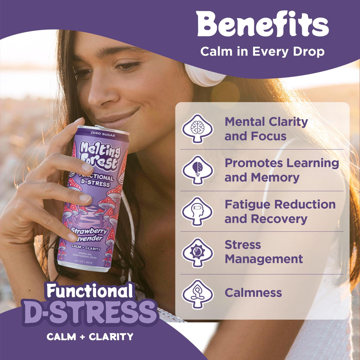 Melting Forest D-Stress Adaptogen Drink – Strawberry Lavender, 0 Sugar, 5 Cal | 12-Pack