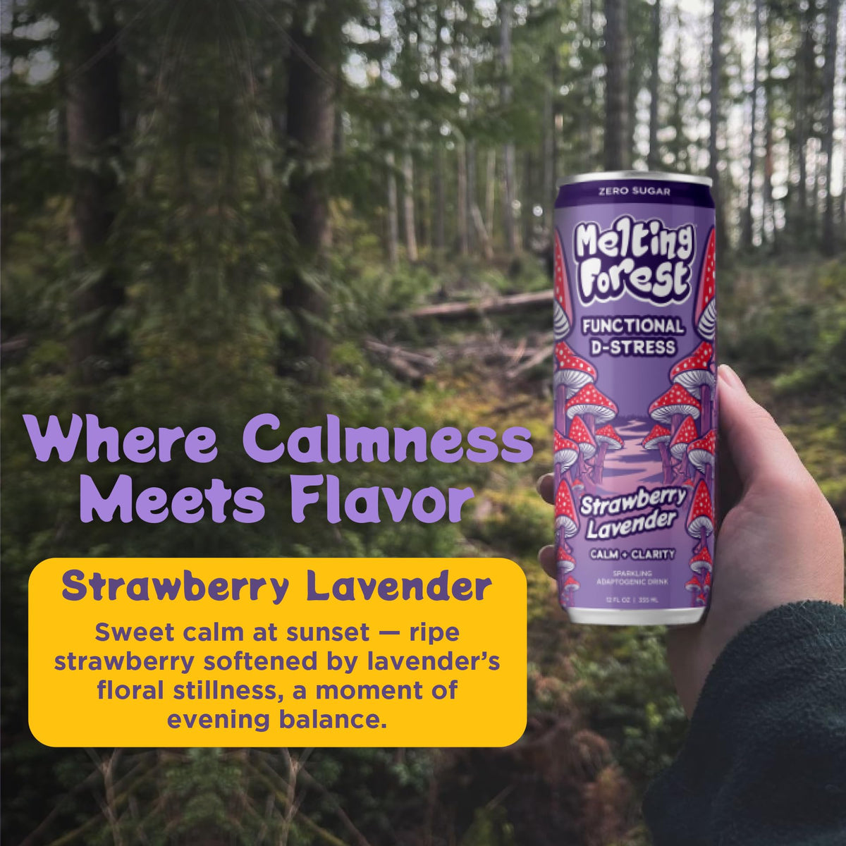 Melting Forest D-Stress Adaptogen Drink – Strawberry Lavender, 0 Sugar, 5 Cal | 12-Pack