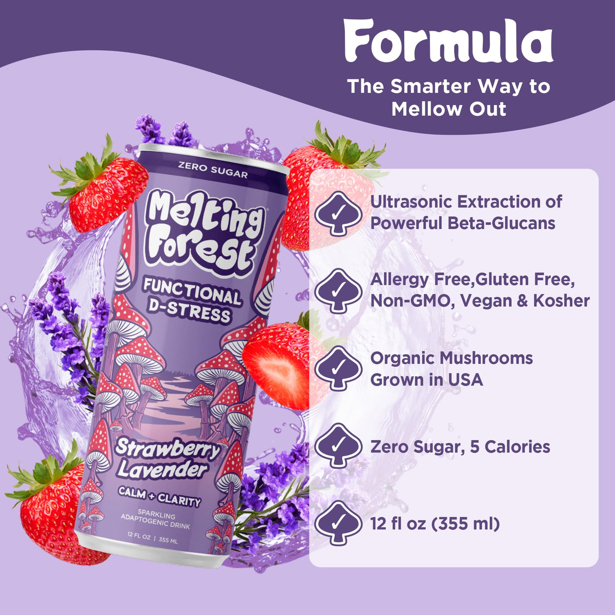 Melting Forest D-Stress Adaptogen Drink – Strawberry Lavender, 0 Sugar, 5 Cal | 12-Pack
