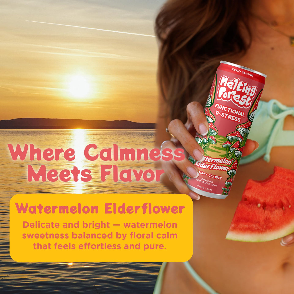 Melting Forest D-Stress Adaptogen Drink — Watermelon Elderflower, Zero Sugar, 5 Calories (12-Pack)