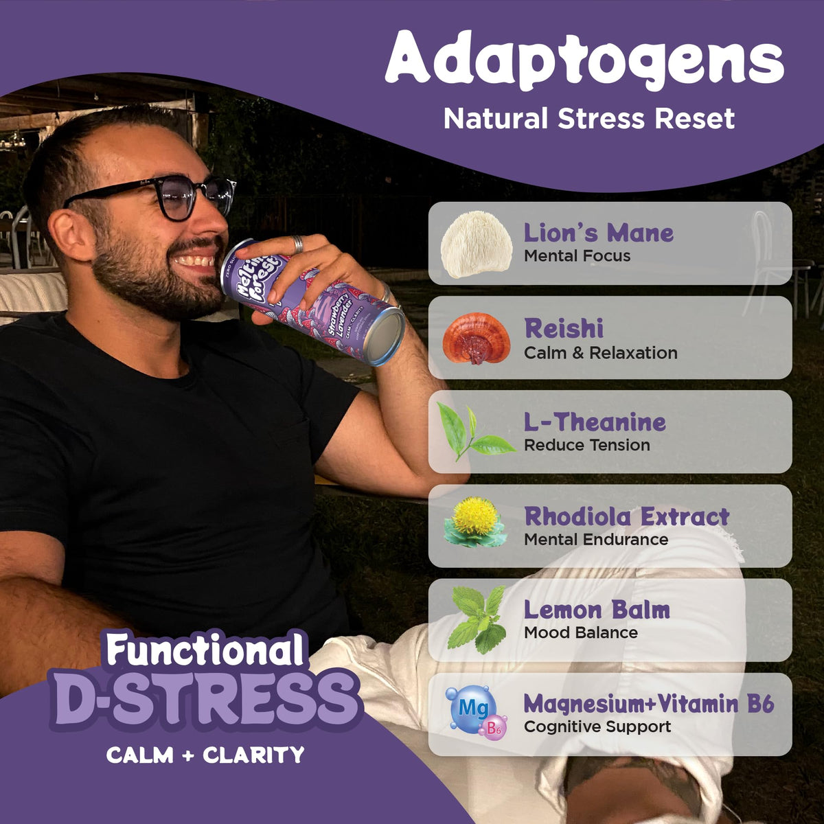 Melting Forest D-Stress Adaptogen Drink – Strawberry Lavender, 0 Sugar, 5 Cal | 12-Pack
