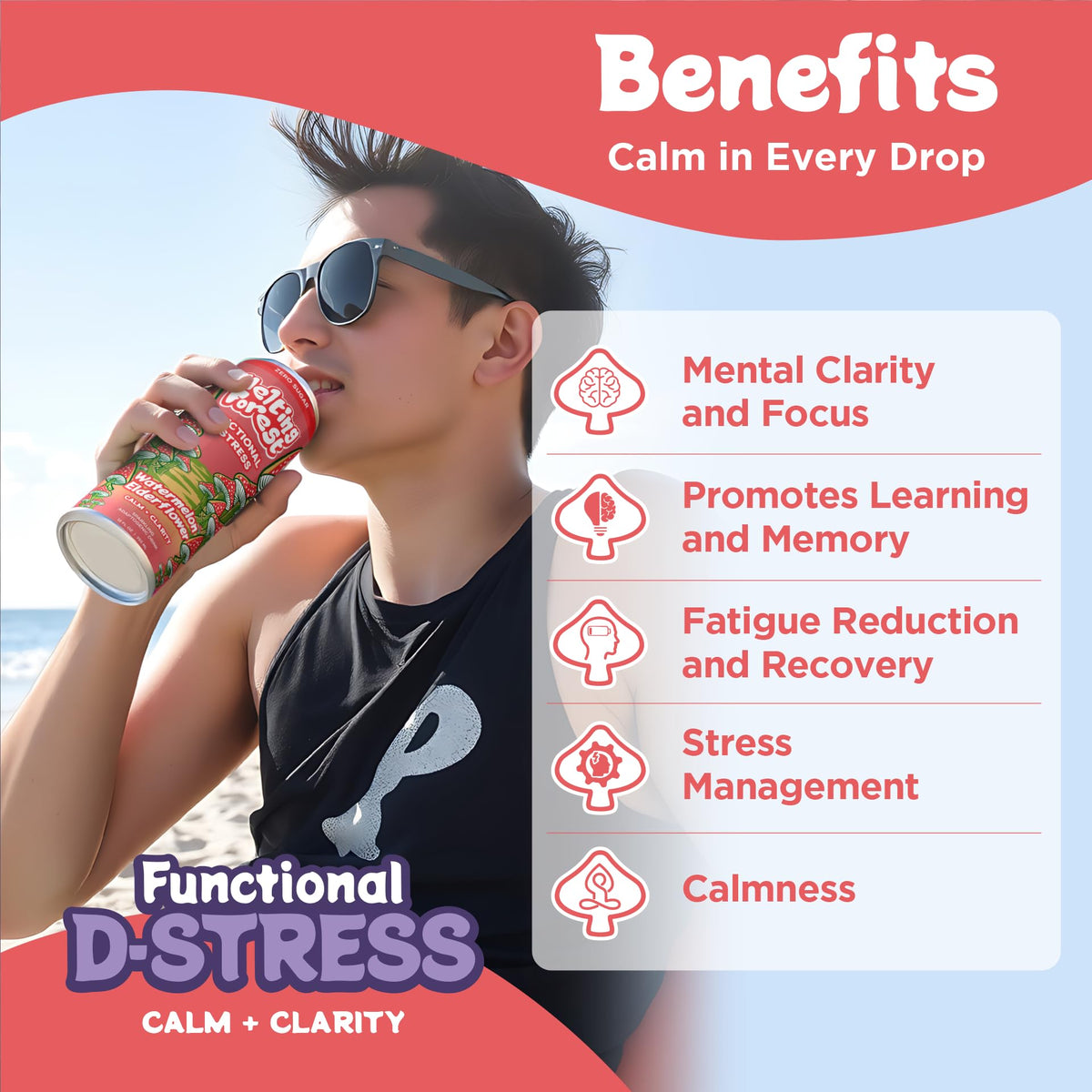 Melting Forest D-Stress Adaptogen Drink — Watermelon Elderflower, Zero Sugar, 5 Calories (12-Pack)