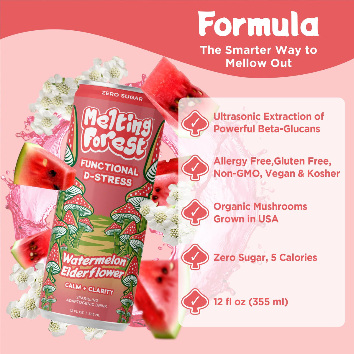 Melting Forest D-Stress Adaptogen Drink — Watermelon Elderflower, Zero Sugar, 5 Calories (12-Pack)