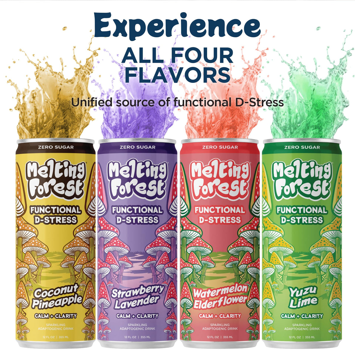 Melting Forest D-Stress Adaptogen Drink – Strawberry Lavender, 0 Sugar, 5 Cal | 12-Pack