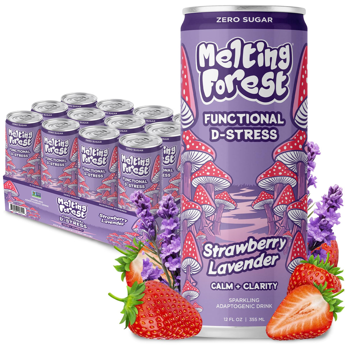 Melting Forest D-Stress Adaptogen Drink – Strawberry Lavender, 0 Sugar, 5 Cal | 12-Pack