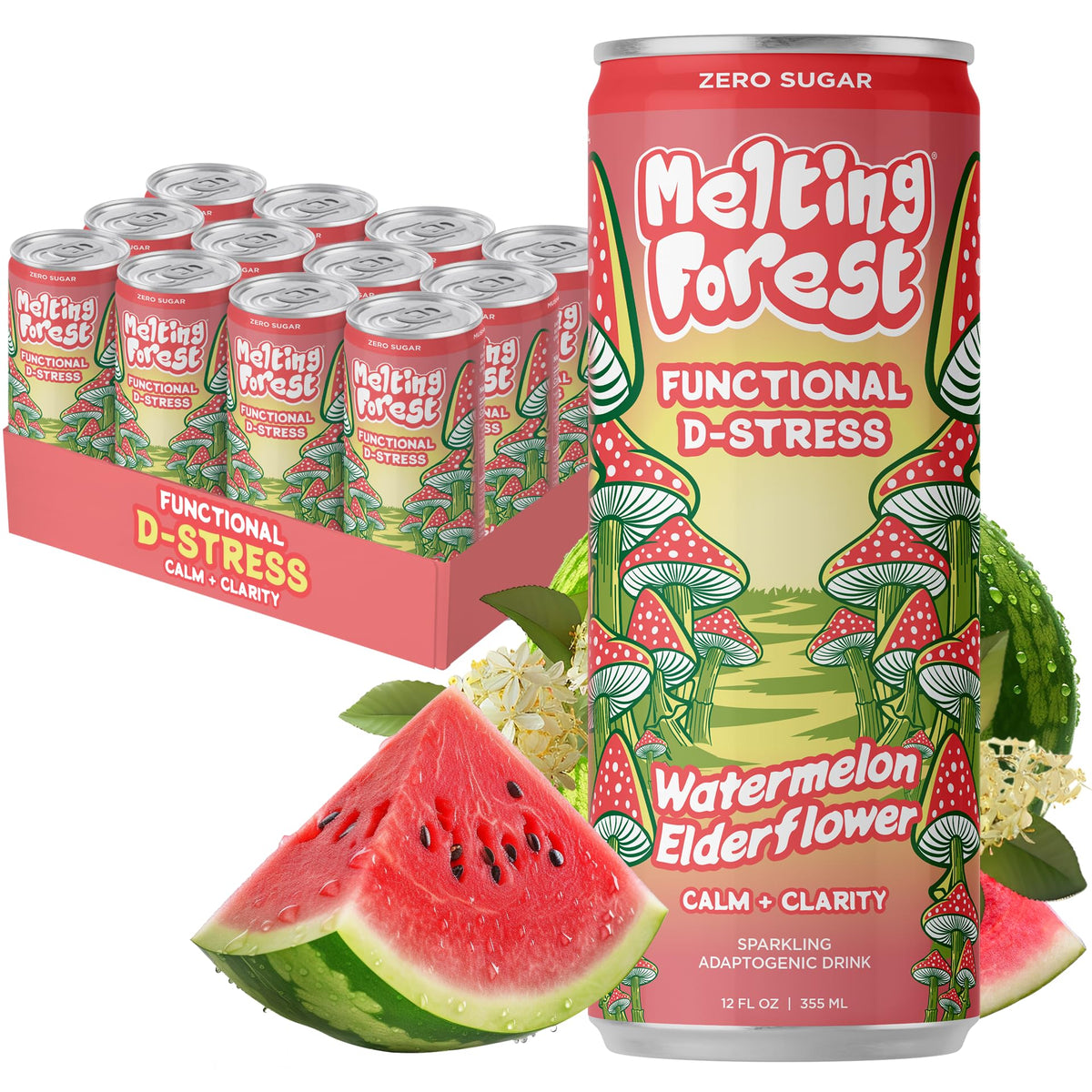 Melting Forest D-Stress Adaptogen Drink — Watermelon Elderflower, Zero Sugar, 5 Calories (12-Pack)