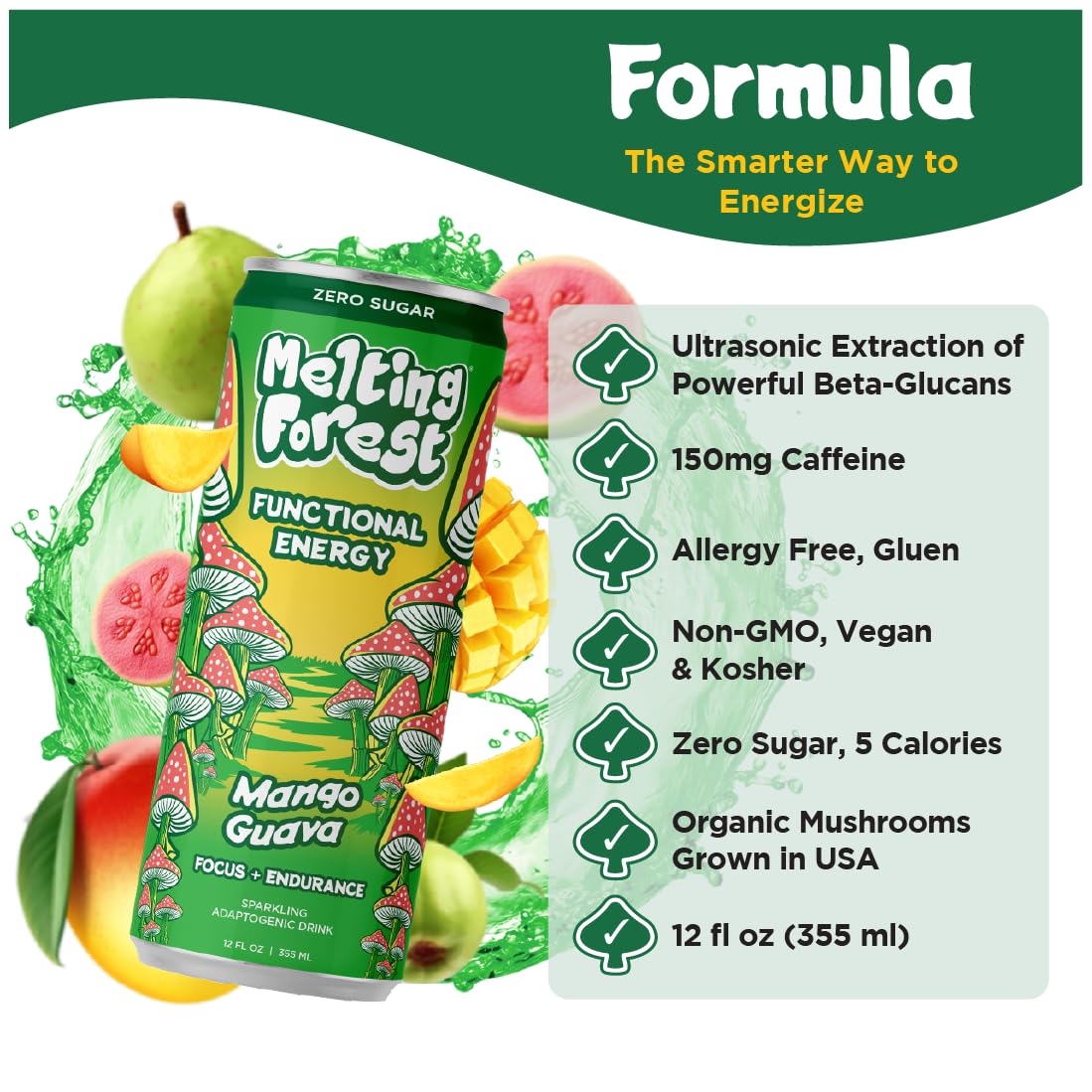 Melting Forest Mango Guava Mushroom Energy Drink – 150mg Caffeine + L-Theanine | Focus & Clarity (12 Pack)