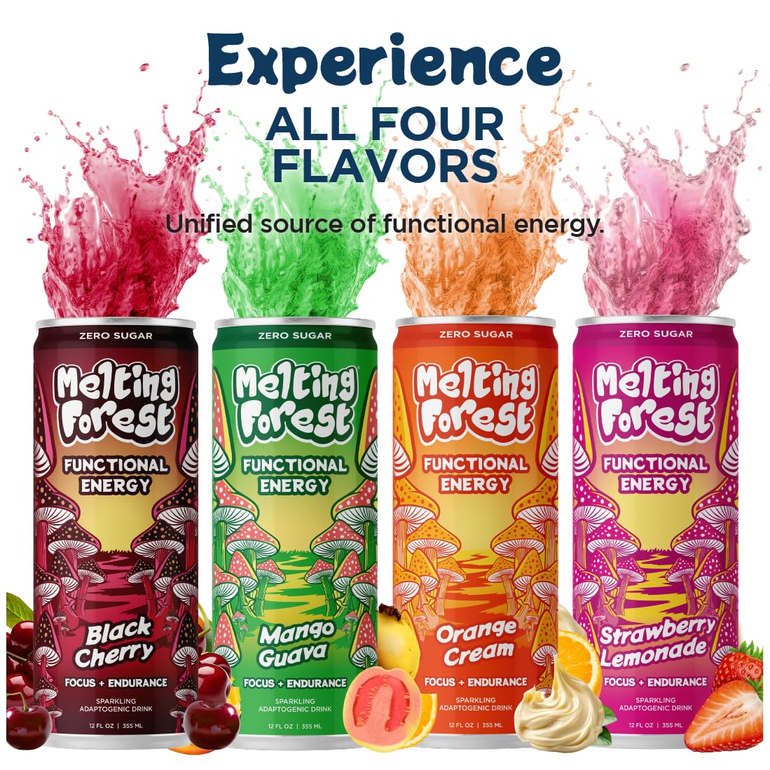 Melting Forest Mango Guava Mushroom Energy Drink – 150mg Caffeine + L-Theanine | Focus & Clarity (12 Pack)
