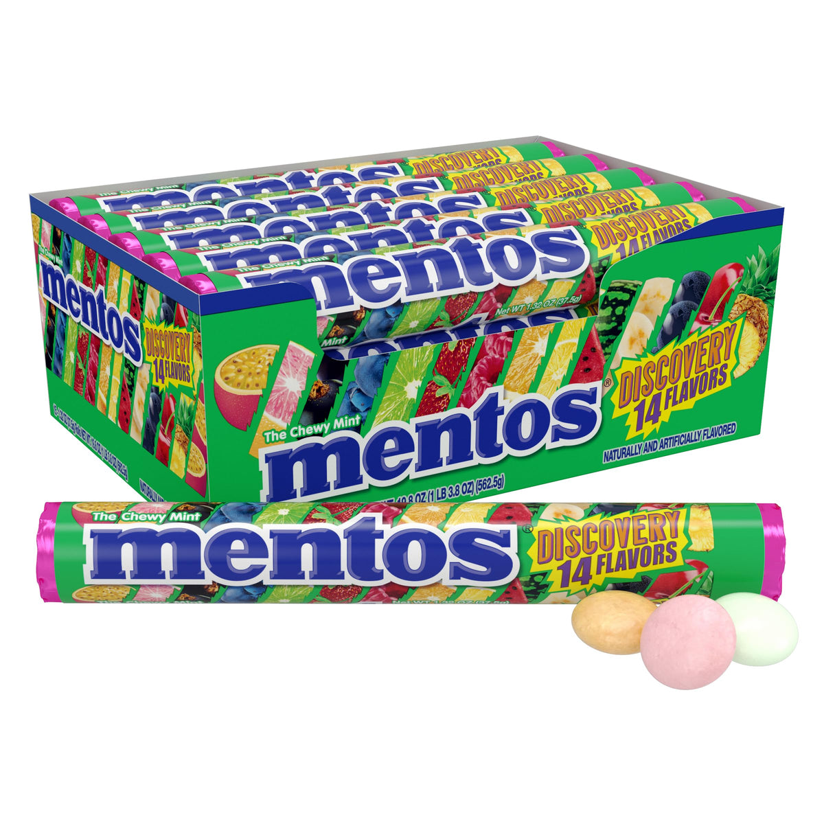 Mentos Chewy Mint Candy Roll – Discovery 14 Assorted Fruit Flavors, 14 Pieces per Roll, 15-Count Showbox